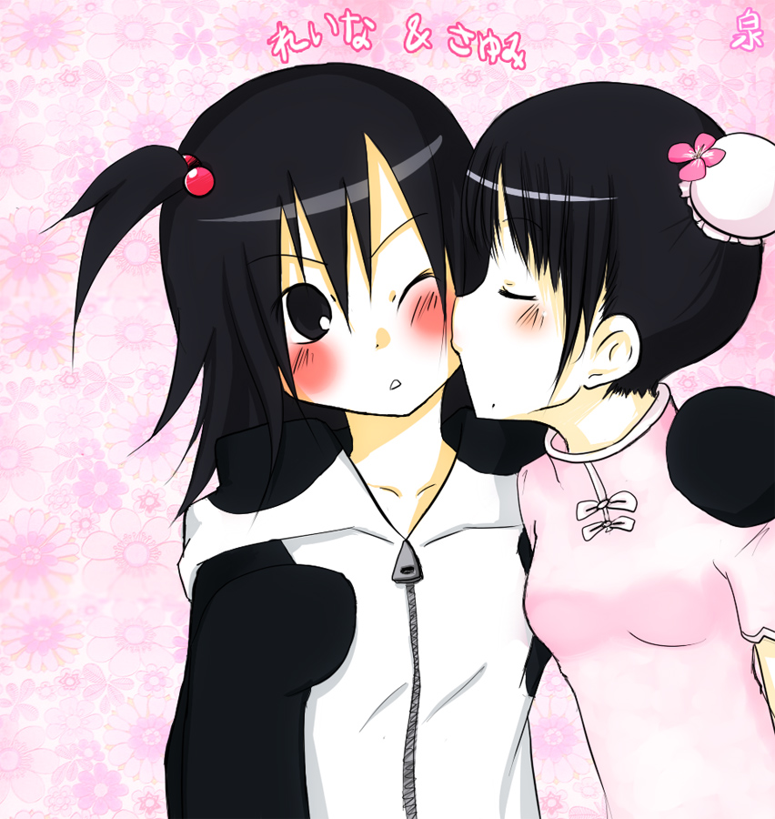 2girls, ;o, bad_id, bad_pixiv_id, black_eyes, black_hair, blush, china_dress