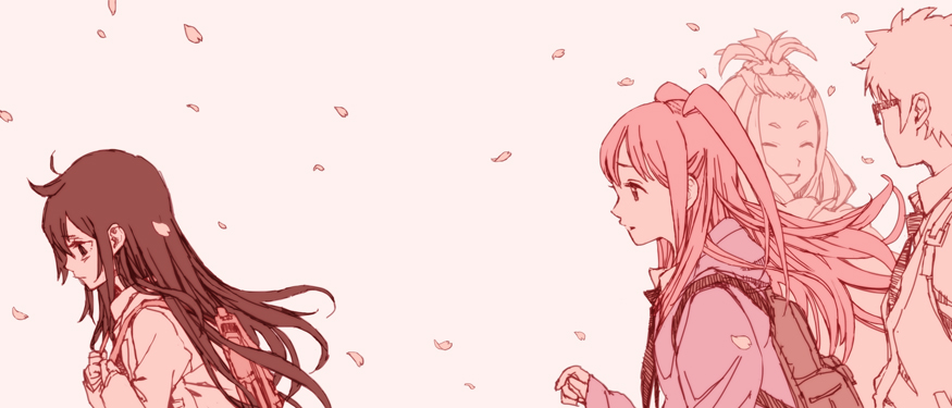 1boy, 3girls, :d, ^_^, backpack, bag, bags_under_eyes, bangs_pinned_back