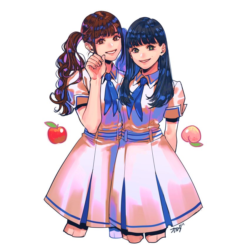 2girls, absurdres, apple, artist_name, black_hair, blue_neckwear, brown_eyes, brown_hair, collared_dress, dress, food, fruit, green_eyes, grin, hand_up, highres, idol, looking_at_viewer, matsumura_sayuri, mole, multiple_girls, neckerchief, necktie, nogizaka46, okada_(hoooojicha), oozono_momoko, peach, real_life, short_sleeves, signature, simple_background, smile, twintails, white_background