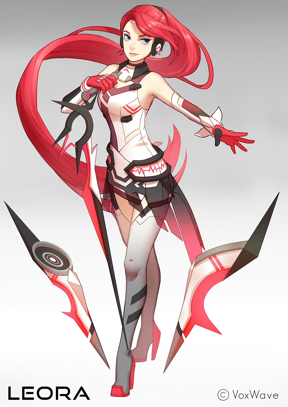 1girl, blue_eyes, breasts, cleavage_cutout, clothing_cutout, gloves, high_heels, high_ponytail