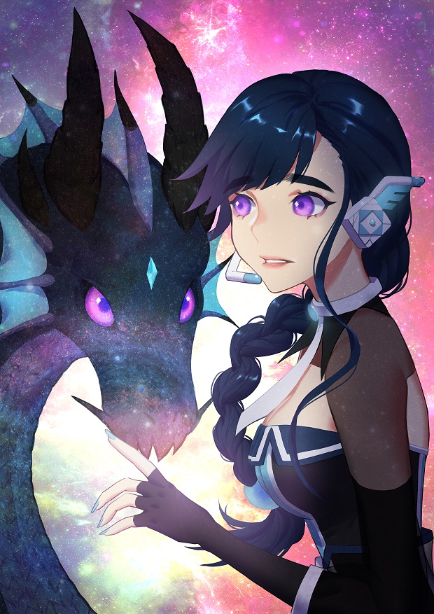 alys, black_gloves, blue_hair, braid, breasts, cleavage, dragon, dragon_horns