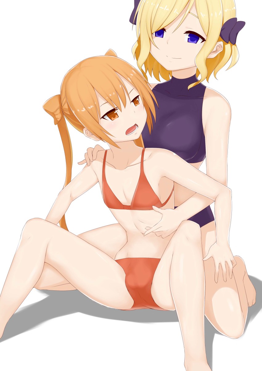 10s, 1boy, 1girl, absurdres, bikini, blonde_hair, blue_bikini, blue_bow, blue_eyes, bow, breasts, brown_eyes, brown_hair, bulge, crossdressing, hair_bow, hand_on_another's_shoulder, highres, himegoto, kneeling, male_focus, matching_hair/eyes, medium_breasts, navel, oda_mitsunaga, open_mouth, penis_in_swimsuit, purple_bikini, red_bikini, shadow, simple_background, sitting, smile, spread_legs, swimsuit, toyotomi_hiro, trap, twintails, white_background