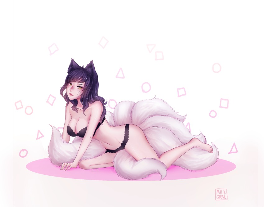 1girl, ahri_(league_of_legends), animal_ears, artist_logo, artist_name, black_bra, black_hair, black_panties