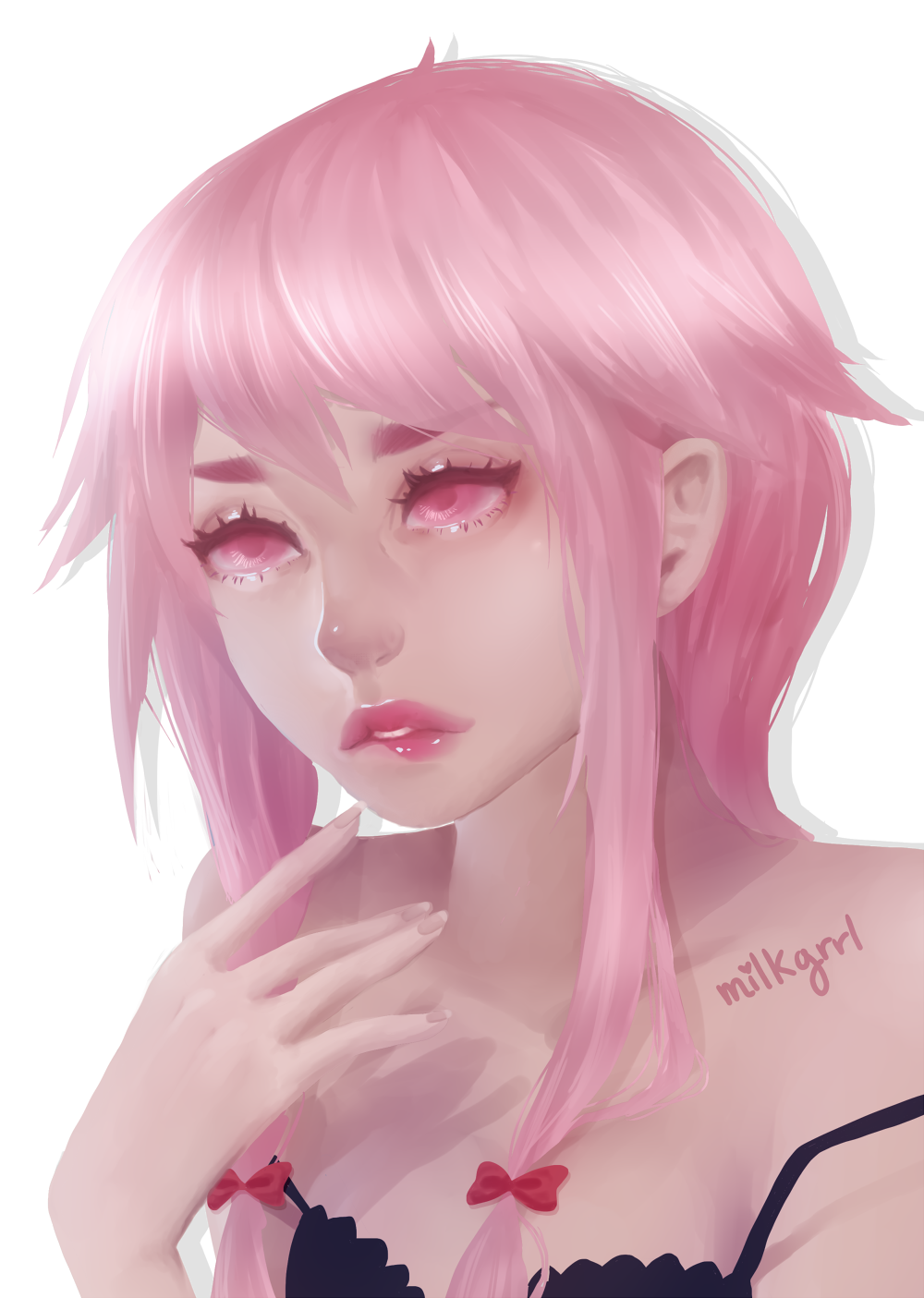 1girl, artist_name, black_bow, blank_stare, bow, commentary, female_focus, gasai_yuno