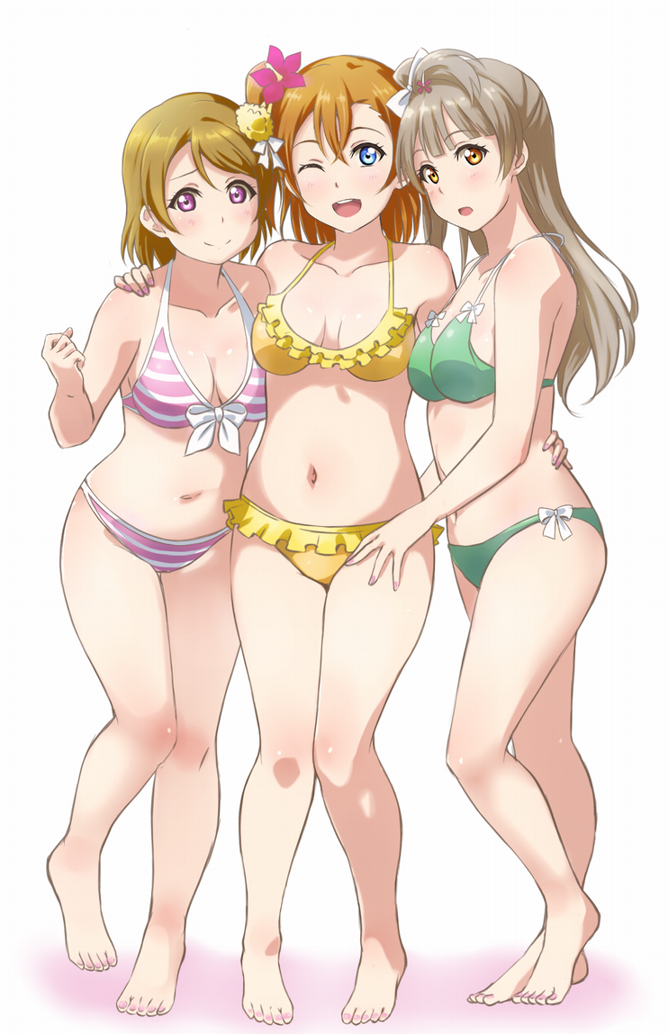 10s, 3girls, :o, ;d, ankara_(ko_ruto3), arm_around_another's_waist, barefoot, bikini