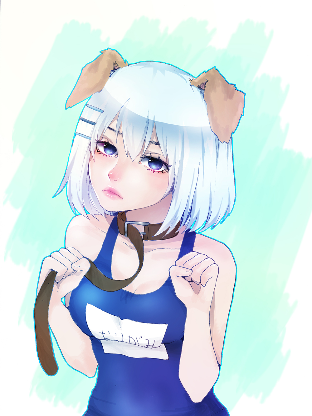 1girl, animal_ears, arms_up, belt, belt_around_neck, blue_eyes, blue_one-piece_swimsuit, breasts