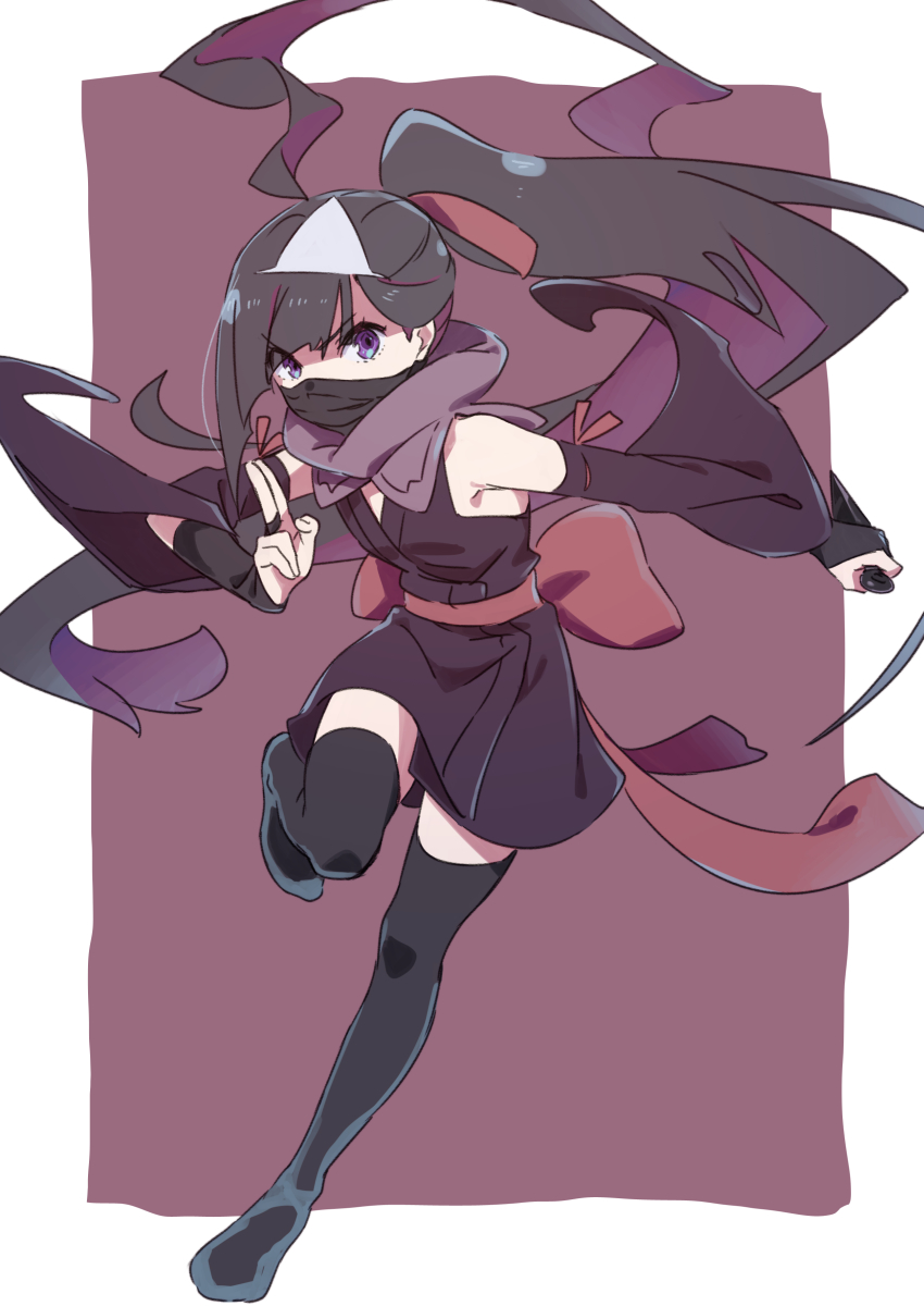 1girl, absurdres, bare_shoulders, black_gloves, black_hair, black_thighhighs, bridal_gauntlets, eyes_visible_through_hair