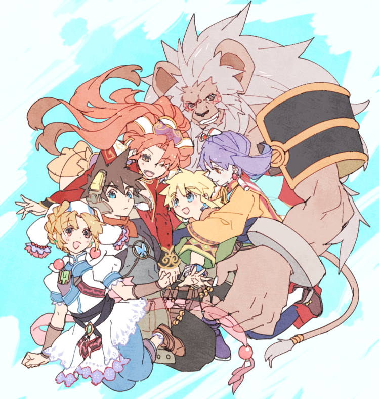 3boys, 3girls, animal_ears, armor, big_hair, elena_(grandia), grandia, grandia_ii