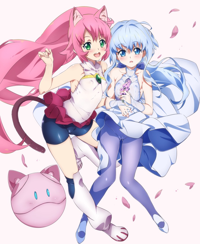 10s, 2girls, absurdres, animal_ears, bare_shoulders, bike_shorts, blue_eyes, blue_hair