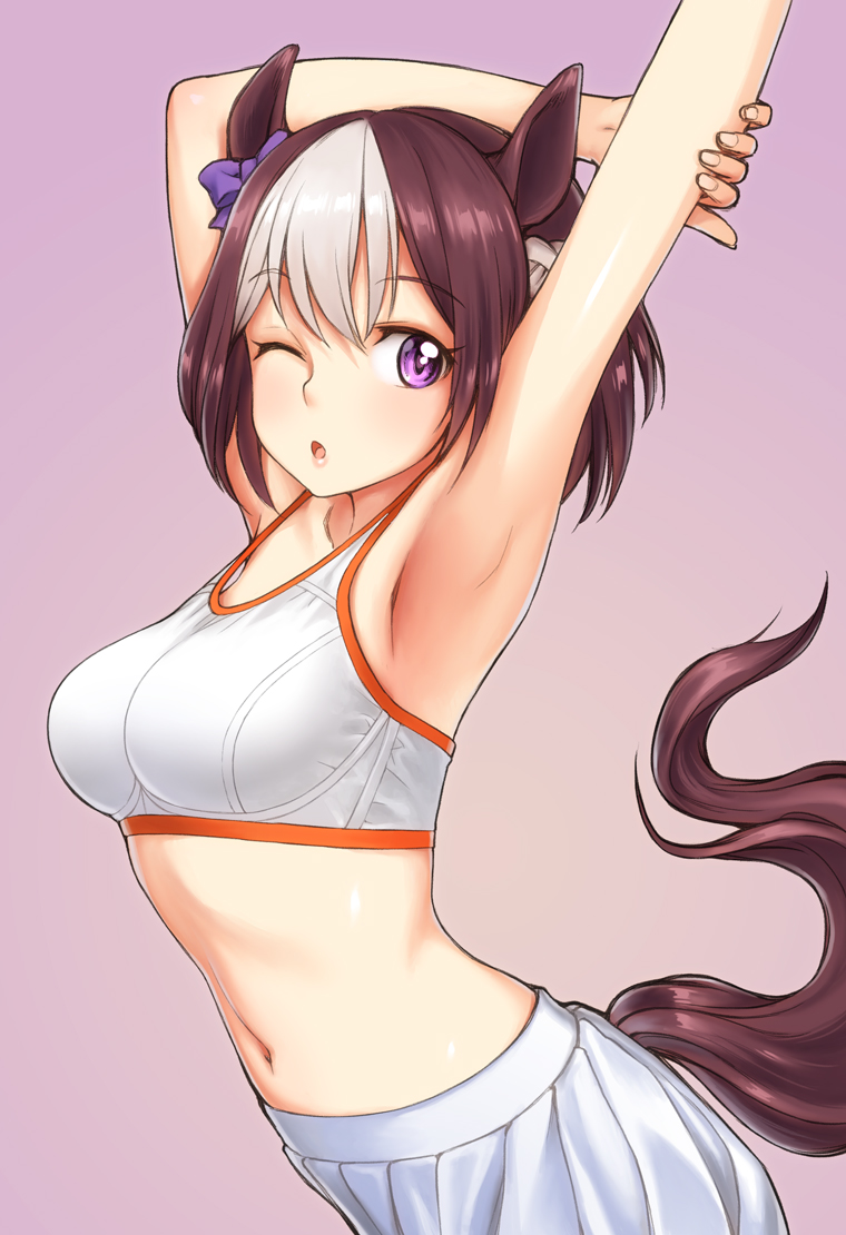 1girl, animal_ears, armpits, arms_up, blush, bow, breasts, brown_hair, commentary_request, female_focus, hair_bow, horse_ears, horse_girl, horse_tail, lips, looking_at_viewer, medium_breasts, multicolored_hair, navel, one_eye_closed, open_mouth, poripori, purple_bow, purple_eyes, short_hair, simple_background, skirt, solo, special_week_(umamusume), sports_bra, stretching, tail, thighhighs, two-tone_hair, umamusume, upper_body, white_hair, white_skirt