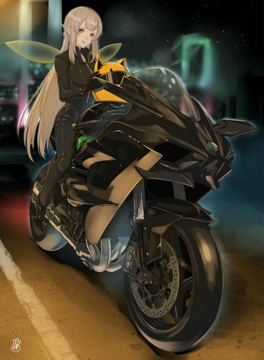 1girl, animal_ear_helmet, animal_helmet, bad_id, bad_pixiv_id, biker_clothes, black_gloves, blonde_hair