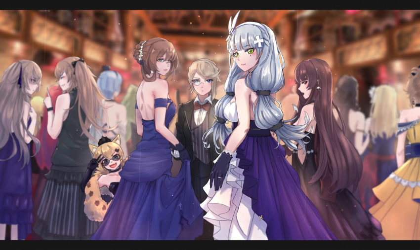 6+girls, alternate_costume, armlet, bare_shoulders, black_bow, black_dress, blonde_hair, blue_eyes