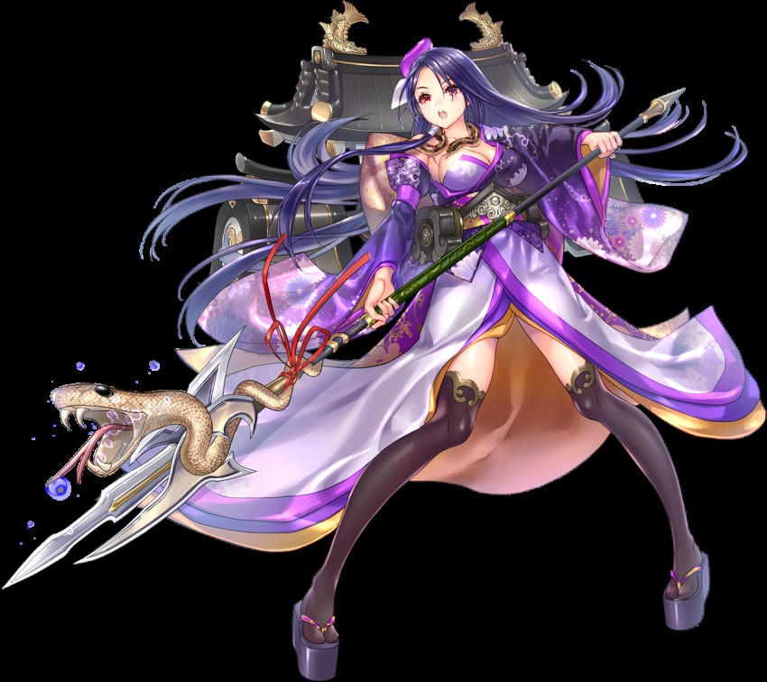 1girl, artist_request, asymmetrical_clothes, black_thighhighs, breasts, cleavage, detached_sleeves, female_focus, full_body, geta, hair_over_one_eye, holding, holding_polearm, holding_spear, holding_weapon, kinkazan_(oshiro_project), large_breasts, long_hair, official_art, open_mouth, oshiro_project:re, platform_sandals, polearm, purple_hair, red_eyes, sandals, snake, solo, spear, thighhighs, transparent_background, very_long_hair, weapon