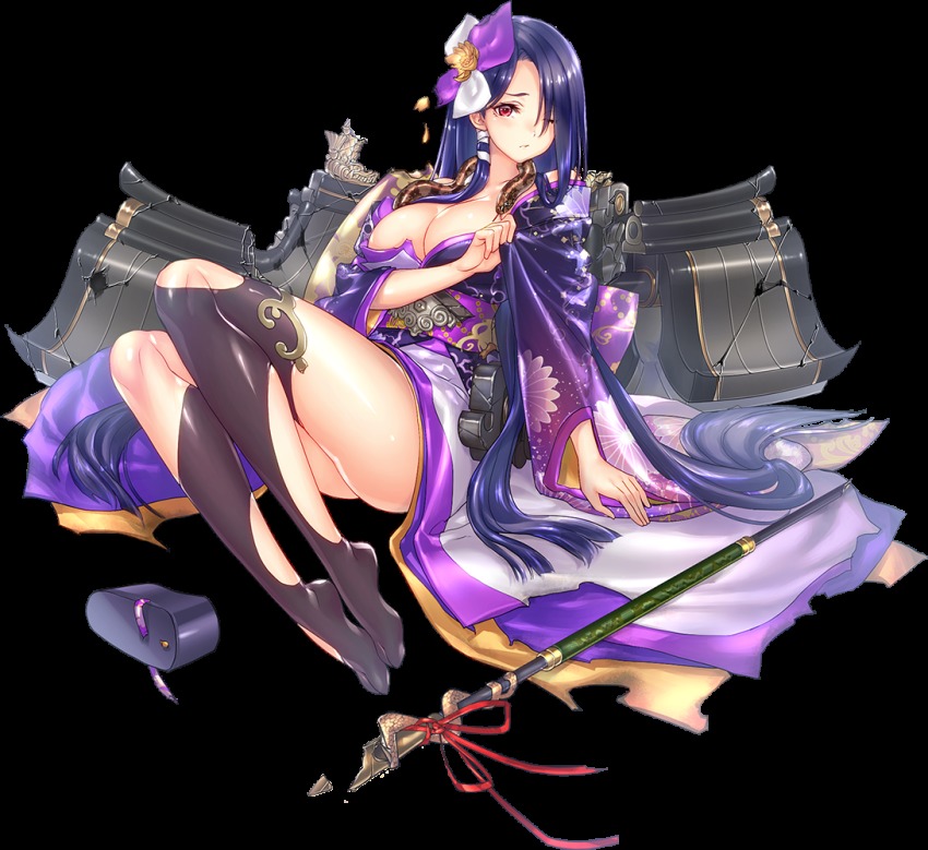 1girl, artist_request, black_thighhighs, breasts, broken, broken_weapon, cleavage, female_focus, full_body, geta, hair_over_one_eye, japanese_clothes, kimono, kinkazan_(oshiro_project), large_breasts, long_hair, looking_at_viewer, official_art, one_eye_closed, oshiro_project:re, polearm, purple_hair, purple_kimono, red_eyes, shoes, snake, solo, spear, thighhighs, torn_clothes, torn_thighhighs, transparent_background, unworn_shoes, very_long_hair, weapon