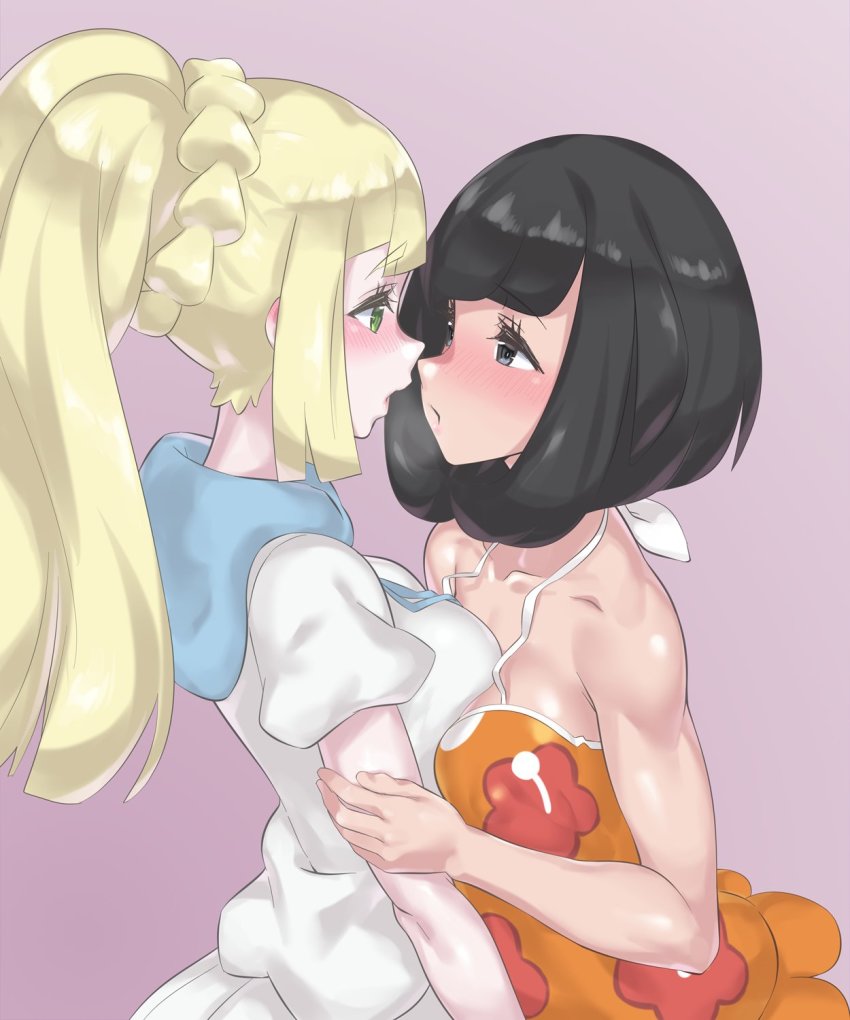 2girls, black_eyes, black_hair, blonde_hair, blush, breast_press, breasts, floral_print