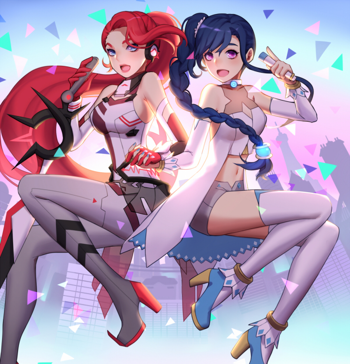 2girls, alternate_costume, alternate_hairstyle, alys, blue_eyes, blue_hair, braid, breasts