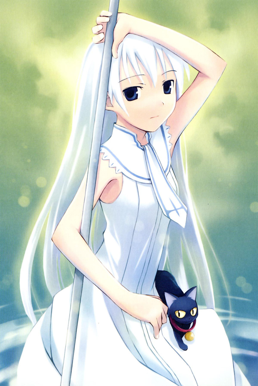 00s, 1girl, black_cat, blue_eyes, cat, collar, daniel, daniel_(shinigami_no_ballad)