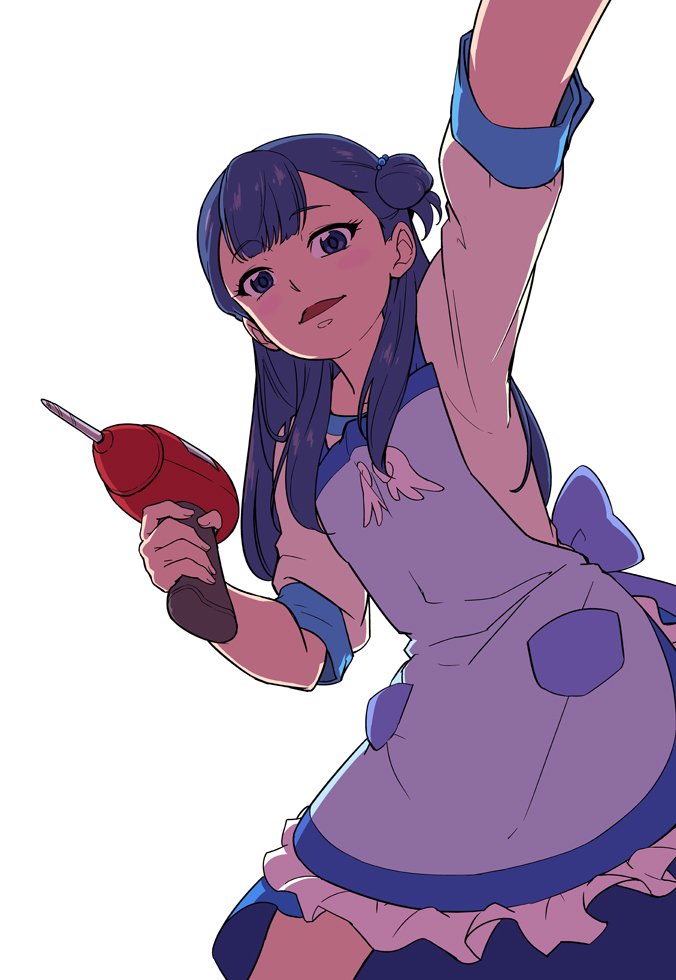 10s, apron, blue_eyes, blue_hair, drill, hugtto!_precure, open_mouth, power_drill