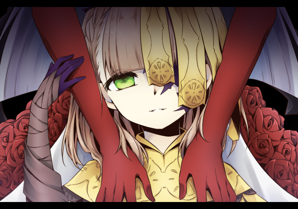 2girls, blonde_hair, braid, briar_rose_(sinoalice), colored_skin, dark_persona, doutika, empty_eyes