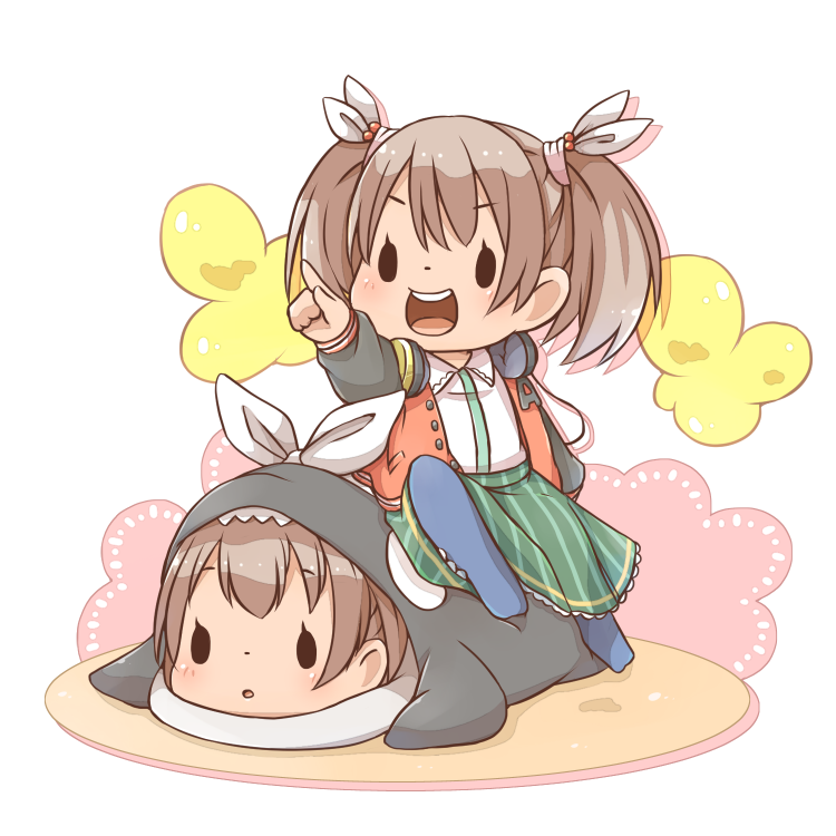 2girls, :d, blue_legwear, blush, brown_hair, chibi, full_body, green_skirt