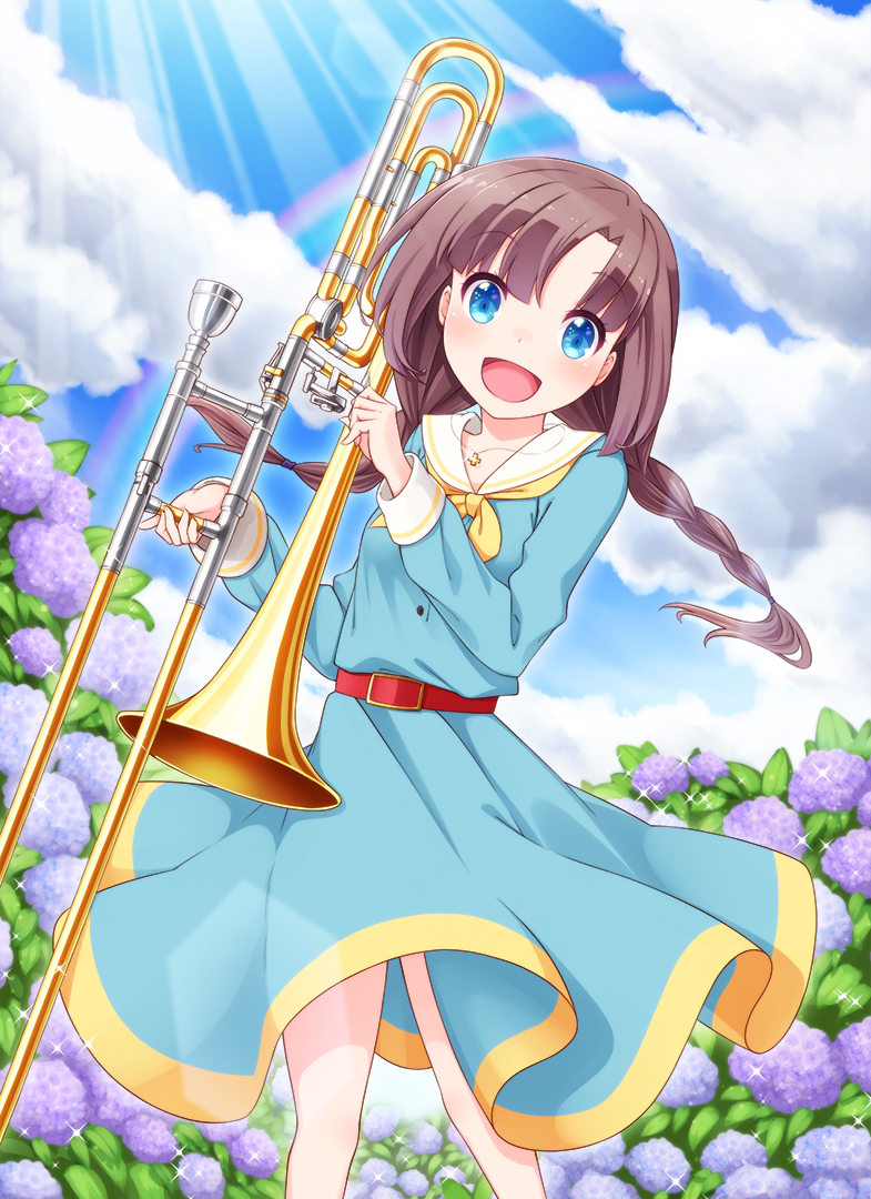 1girl, :d, blue_dress, blush, braid, brown_hair, cloud, cross, cross_necklace, day, dress, female_focus, flower, harada_(sansei_rain), head_tilt, holding, holding_instrument, hoshizaki_rika_(raramagi), hydrangea, instrument, jewelry, leaning_to_the_side, long_hair, long_sleeves, looking_at_viewer, low_twintails, neckerchief, necklace, open_mouth, outdoors, rainbow, raramagi, sailor_dress, sky, smile, solo, sparkle, standing, sunlight, trombone, twin_braids, twintails