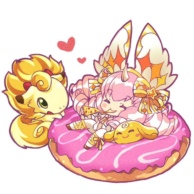 1girl, angelion_(p&amp;d), blush_stickers, bow, brown_footwear, cheese, closed_eyes, closed_mouth