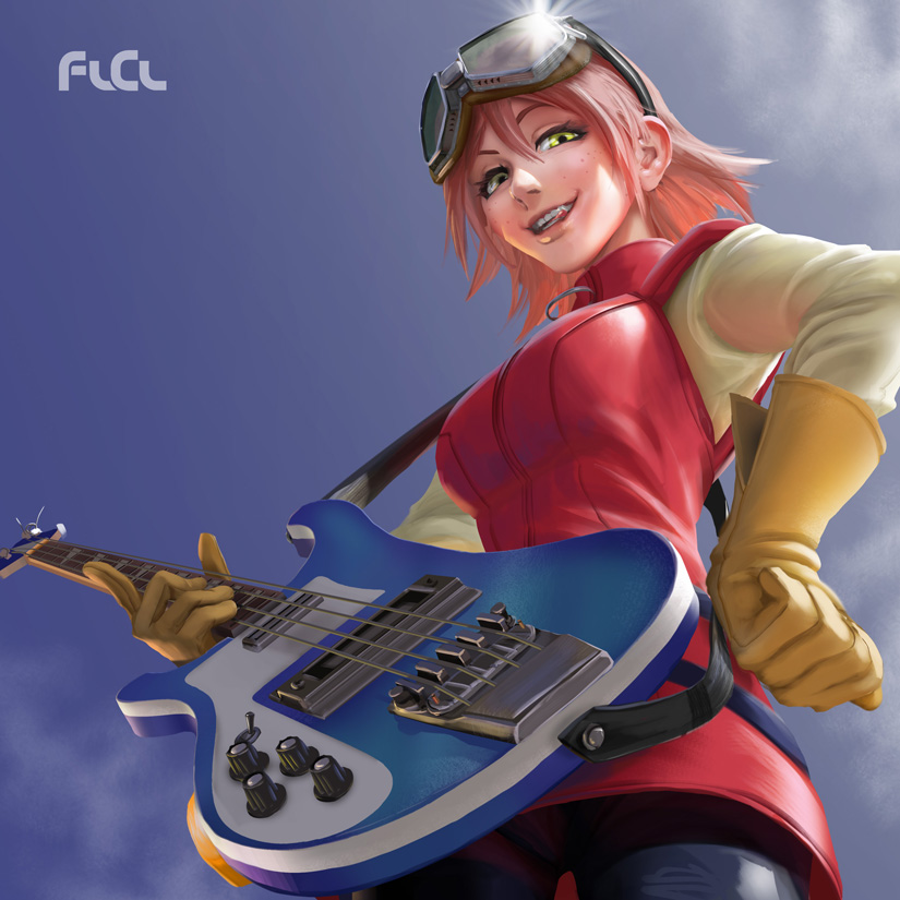 1girl, bass_guitar, breasts, commentary, day, english_commentary, female_focus, flcl
