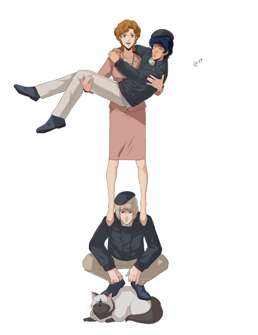 1girl, 2boys, admiral_(gin'eiden), autumn-sacura, bead_necklace, beads, beret, blonde_hair