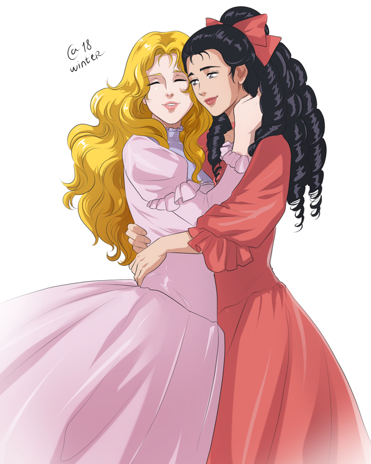 2girls, annerose_von_grunewald, autumn-sacura, black_hair, blonde_hair, dress, drill_hair, ginga_eiyuu_densetsu