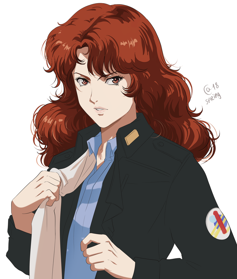 1girl, autumn-sacura, black_jacket, blue_shirt, brown_eyes, brown_hair, female_focus, ginga_eiyuu_densetsu