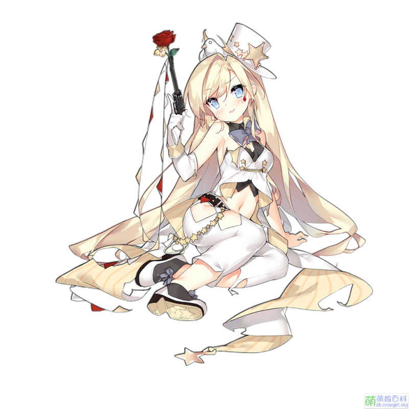 1girl, arm_support, belt, blonde_hair, blue_eyes, colt_revolver_(girls'_frontline), colt_revolver_(queen_of_miracles)_(girls'_frontline), elbow_gloves