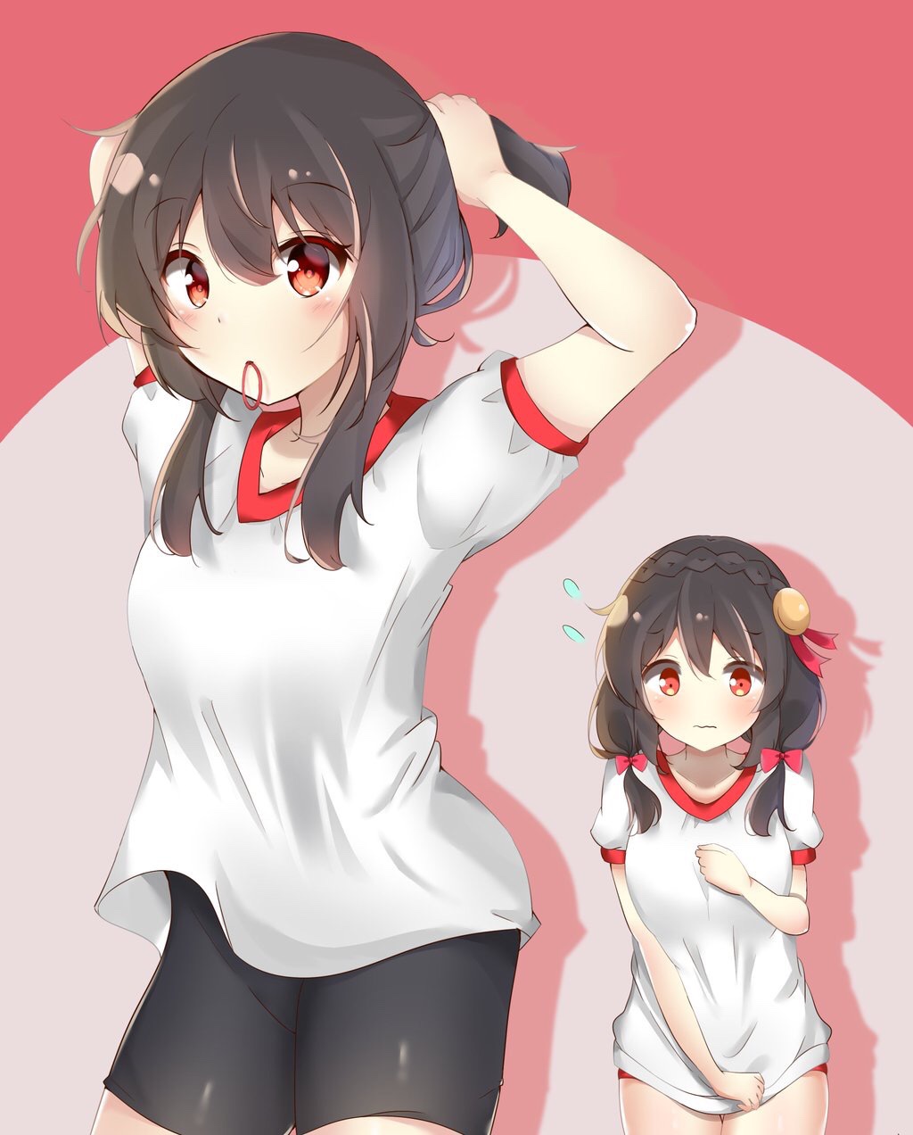 2girls, alternate_costume, bad_id, bad_pixiv_id, black_hair, blush, braid, breasts, brown_hair, buruma, gym_uniform, hair_ornament, highres, kono_subarashii_sekai_ni_shukufuku_wo!, looking_at_viewer, megumin, miyu19996513, mouth_hold, multiple_girls, red_eyes, shirt, short_sleeves, sweat, thighs, white_shirt, yunyun_(konosuba)