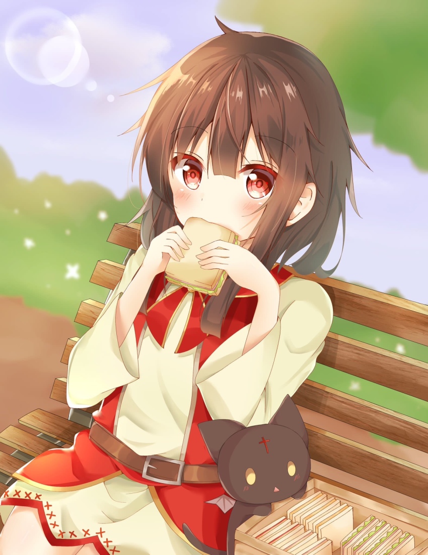1girl, bad_id, bad_pixiv_id, black_hair, blush, cat, chomusuke, eating