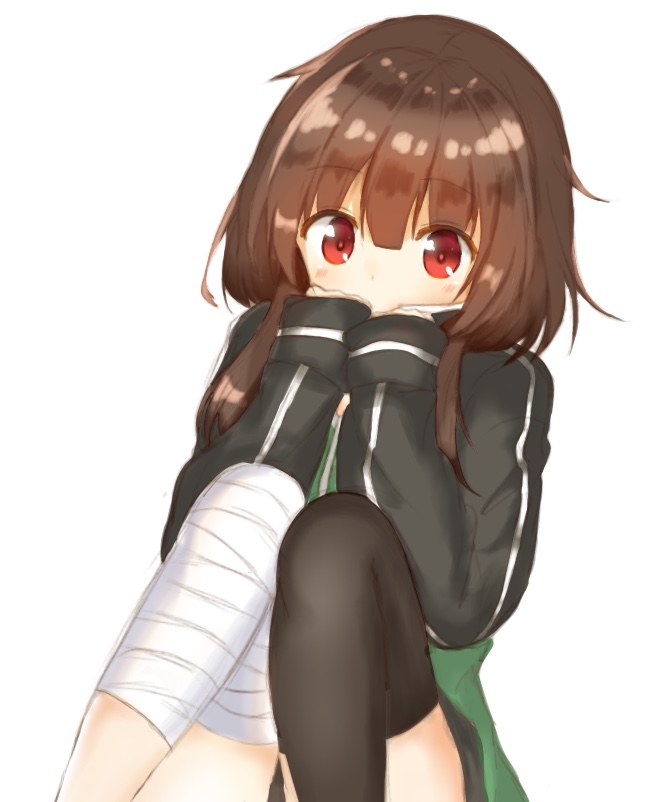 1girl, bad_id, bad_pixiv_id, bandages, black_hair, black_thighhighs, blush, female_focus