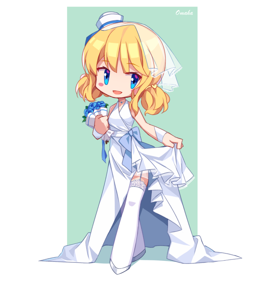 1girl, :d, arnold-s, bad_id, bad_pixiv_id, bare_shoulders, blonde_hair, blue_eyes, blue_flower, blue_rose, blush_stickers, bouquet, character_name, commentary, dixie_cup_hat, dress, female_focus, flower, garter_straps, hair_between_eyes, hair_ornament, hat, heart, heart_hair_ornament, highres, holding, holding_bouquet, long_hair, looking_at_viewer, military_hat, mini_hat, omaha_(warship_girls_r), open_mouth, rose, sleeveless, sleeveless_dress, smile, solo, standing, thighhighs, warship_girls_r, white_dress, white_hat, white_thighhighs