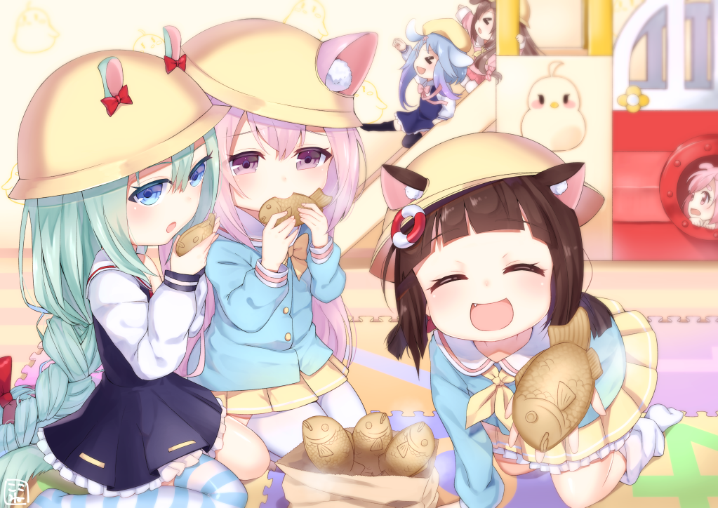 >_<, 6+girls, :d, all_fours, animal_ears, azur_lane, bag, beret