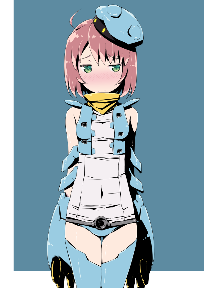 10s, 1girl, ahoge, bandana, blue_background, blush, brown_hair, commentary_request