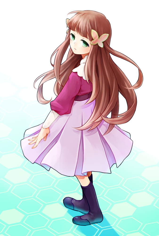 1girl, blunt_bangs, blush, brown_hair, butterfly_hair_ornament, capcom, female_focus, fringe_trim, full_body, green_eyes, hair_ornament, iris.exe_(mega_man), long_hair, looking_at_viewer, looking_back, mega_man_(series), mega_man_battle_network, mega_man_battle_network_(series), sato_gohan, skirt, solo, standing, very_long_hair