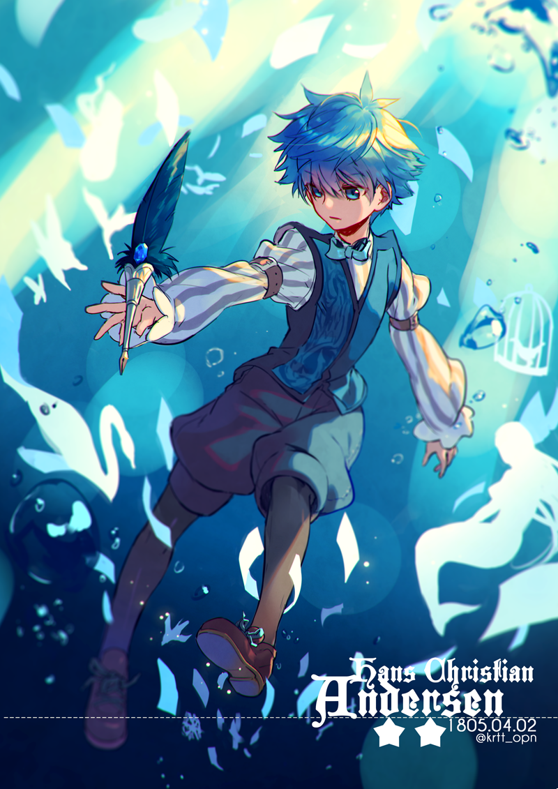 10s, 1boy, bird, black_pantyhose, black_shorts, blue_background, blue_bow, blue_eyes