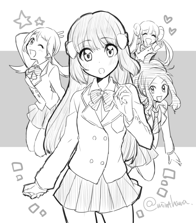 4girls, ^_^, alternate_costume, arm_at_side, bad_id, bad_pixiv_id, bow, bowtie