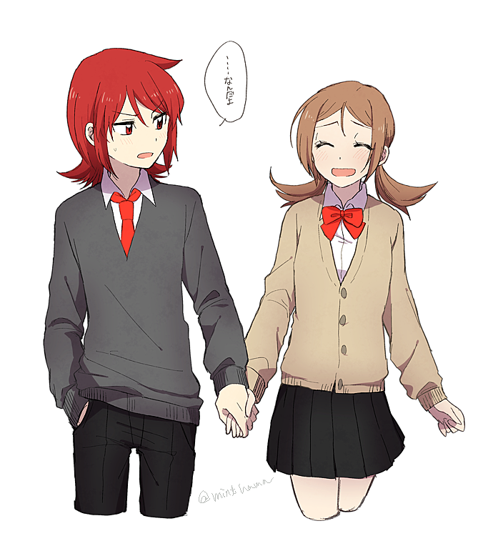 1boy, 1girl, :d, alternate_costume, bad_id, bad_pixiv_id, black_pants, black_skirt