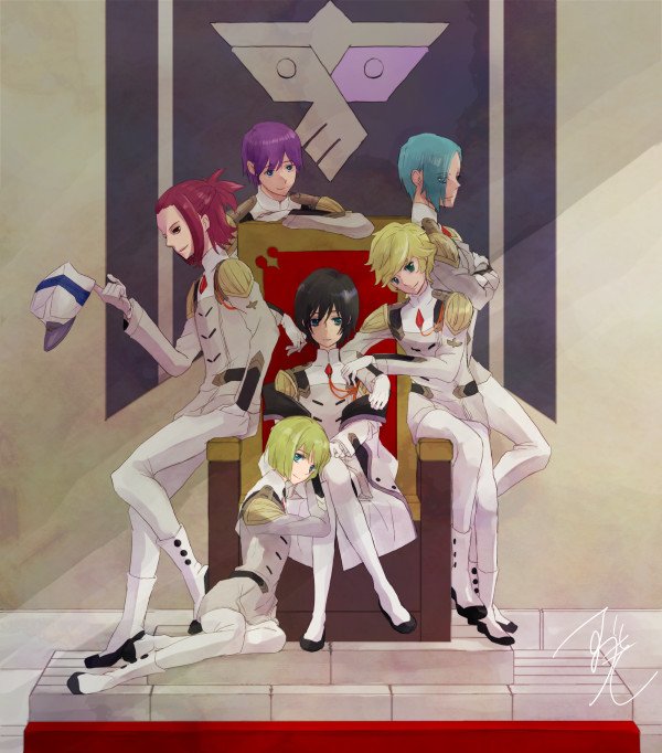 10s, 1girl, 5boys, black_hair, blonde_hair, blue_eyes, blue_hair, boots