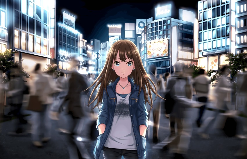 1girl, analog_clock, artist_request, billboard, black_pants, blue_eyes, brown_hair, city