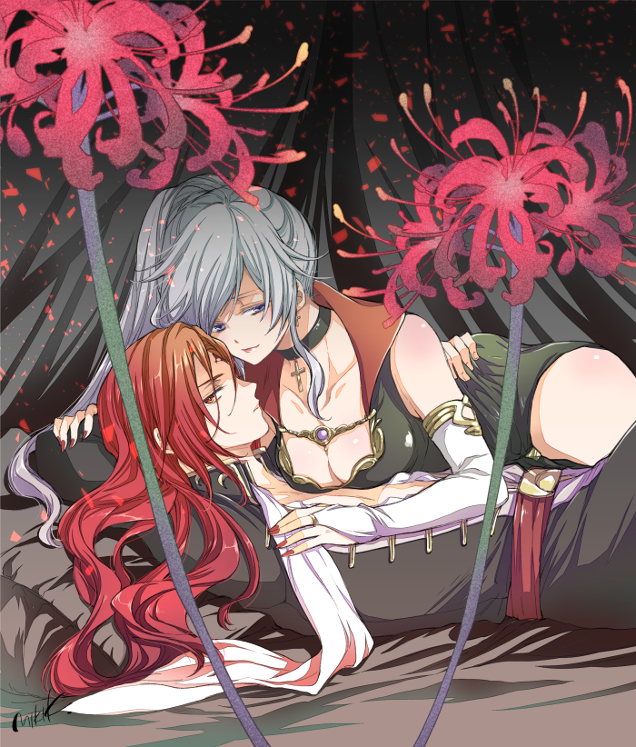 1boy, 1girl, blue_eyes, breasts, cleavage, couple, curly_hair, elbow_gloves