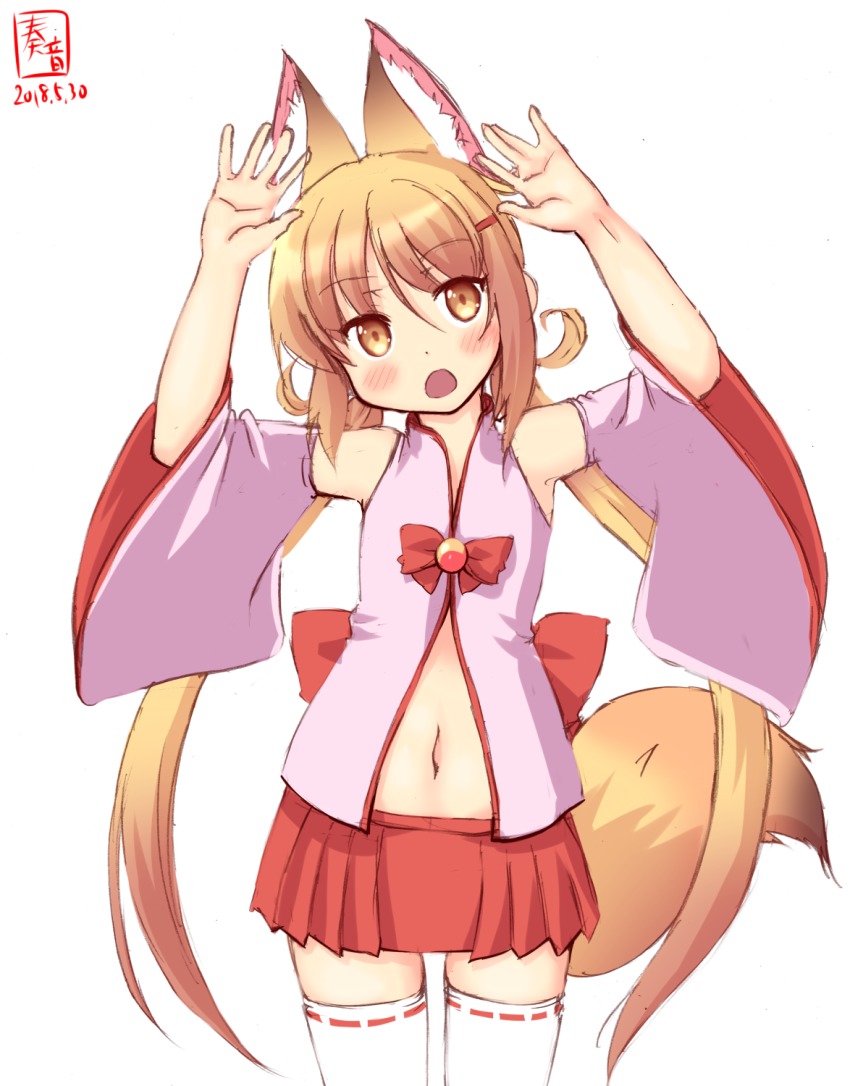 1girl, animal_ear_fluff, animal_ears, artist_logo, blonde_hair, commentary_request, cosplay, cowboy_shot, dated, detached_sleeves, female_focus, fox_ears, fox_tail, highres, kanon_(kurogane_knights), kantai_collection, kemomimi_oukoku_kokuei_housou, kemonomimi_mode, logo, long_hair, look-alike, looking_at_viewer, low_twintails, mikoko_(kemomimi_oukoku_kokuei_housou), mikoko_(kemomimi_oukoku_kokuei_housou)_(cosplay), navel, pleated_skirt, red_skirt, satsuki_(kancolle), simple_background, skirt, solo, tail, thighhighs, twintails, virtual_youtuber, white_background, white_thighhighs, yellow_eyes