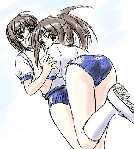 00s, 2girls, ass, brown_eyes, brown_hair, buruma, futakoi, gym_uniform