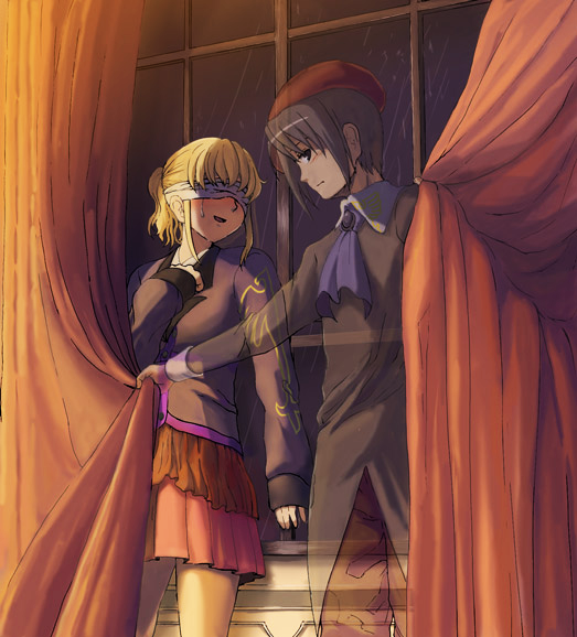 00s, 1boy, 1girl, bandages, bandages_over_eyes, beret, black_hair, blindfold