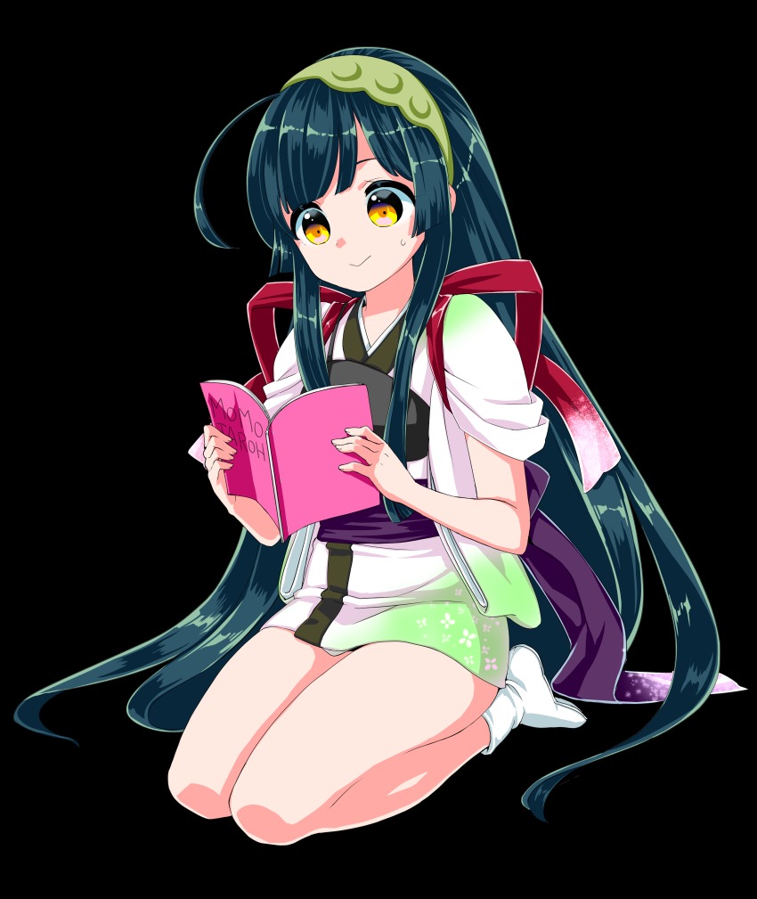 absurdres, ahoge, black_outerwear, book, bow, green_hair, highres, holding_item