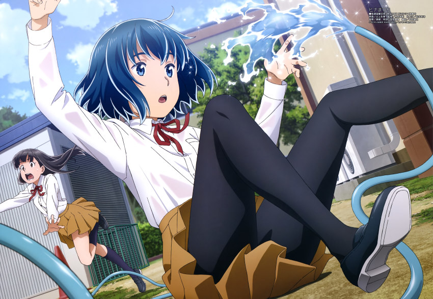 10s, 2girls, :o, absurdres, black_hair, black_shoes, black_socks, blue_eyes