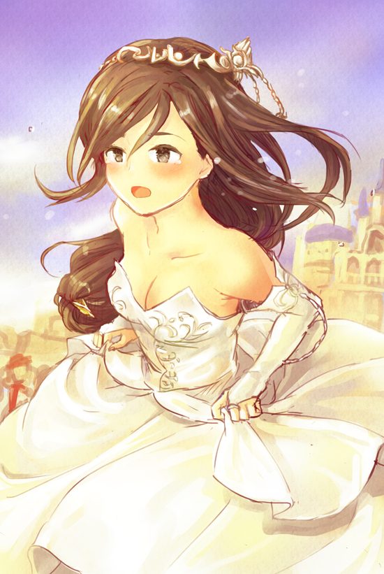 1girl, bad_id, bad_pixiv_id, bare_shoulders, blush, breasts, brown_eyes, brown_hair